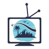 viagem televisão aventura turismo conceito de design de logotipo do mundo. conceito de tv de viagens. vetor