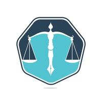 vetor de logotipo de lei com equilíbrio judicial simbólico da escala de justiça em uma ponta de caneta. vetor de logotipo para direito, tribunal, serviços de justiça e empresas.