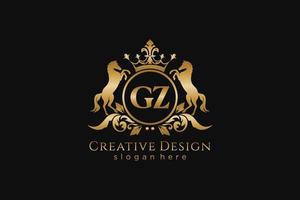 crista dourada retrô inicial gz com círculo e dois cavalos, modelo de crachá com pergaminhos e coroa real - perfeito para projetos de marca luxuosos vetor