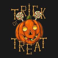 emblema vintage de halloween com doces, cabeça de abóbora estilizada como rosto de crianças sardentas humanas. truque ou truque de texto tradicional. letras feitas de ossos. ilustração vetorial isolada em um fundo escuro vetor