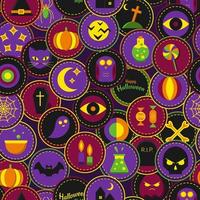 padrão sem emenda de halloween com emblemas de círculo e símbolos de halloween. caveira, morcego, coruja, abóbora, lua, fantasma, gato, aranha, osso, pirulito, lápide, vela, frasco, poção, olho, chapéu, caixão. vetor