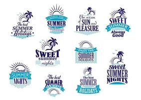 férias de verão e emblemas de férias em cores azuis vetor