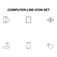 conjunto de ícones de linha de computador desenhado com linha fina. símbolos de contorno vetorial de bate-papo, tablet, alto-falante, roteador, smartphone, armazenamento em nuvem vetor