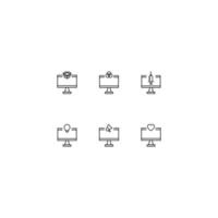 coleção de ícones de linha de sinais vetoriais e símbolos monocromáticos desenhados com linha fina preta. adequado para loja, sites, aplicativos. caixa, círculos cruzados, seringa, lâmpada, alto-falante, coração no computador vetor