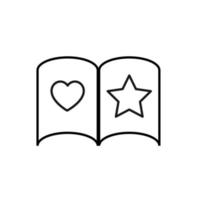 símbolo de contorno vetorial adequado para páginas da internet, sites, lojas, lojas, redes sociais. traço editável. ícone de linha de estrela e coração nas páginas do livro aberto vetor