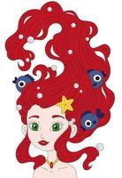 menina personagem sereia com pérolas de cabelo vermelho e peixe azul, gancho de cabelo de estrela do mar. ilustração de menina do mar sereia vetor