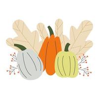 cartão de outono com três abóboras desenhadas à mão e galhos com bagas. cartão postal para o outono e o dia de ação de graças. ilustração em vetor estoque isolado no fundo branco.