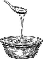 mel escorrendo de uma colher. prato de vidro desenhado à mão cheio de mel vetor