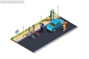 carro elétrico e bicicleta elétrica carregando na área de estacionamento vazia com estação supercharger rápida. ilustração vetorial plana isolada em um fundo branco vetor