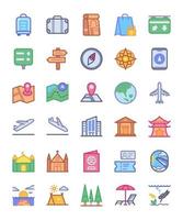 conjunto de ícones de viagens sinal de trânsito mergulho camping avião passaporte praia avião bússola museu árvore do mar com design plano de estilo de cor cheia. vetor