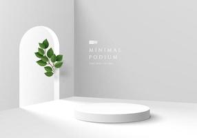 fundo 3d abstrato, pódio de pedestal de cilindro branco e cinza realista com porta de arco e folhas verdes. cena de parede mínima para exibição de produtos de maquete. formas geométricas vetoriais. vitrine redonda. vetor