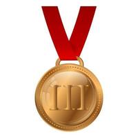 medalha de bronze com fita vermelha, isolada no fundo branco. prêmio, prêmio para o terceiro lugar. ilustração vetorial. vetor