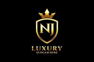 logotipo de monograma de luxo elegante inicial nj ou modelo de crachá com pergaminhos e coroa real - perfeito para projetos de marca luxuosos vetor