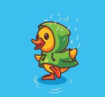 pato bonito usando chuva de capa de chuva. ilustração de natureza animal dos desenhos animados isolado. vetor de logotipo premium de design de ícone de etiqueta de estilo simples. personagem mascote