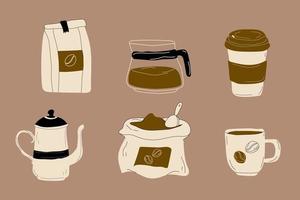 conjunto de elementos de café isolado. chaleira, xícara, embalagem com café, saco de grãos de café, cafeteira de vidro. coleção para menu, cafeteria. ilustração vetorial moderna desenhada à mão vetor