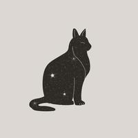 gato preto místico no estilo boho da moda. silhueta de gato mágico vetorial com estrelas para impressão na parede, camiseta, tatuagem, postagem de mídia social e histórias, vetor
