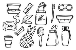 coleção de itens duráveis e reutilizáveis ou produtos com zero desperdício - potes de vidro, sacolas ecológicas, pente de madeira, escova de dentes, recipiente, caneca térmica. estilo vector illustration.doodle.