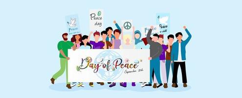 multidão de povos em personagem de desenho animado está se unindo para exigir o dia da paz isolado em fundo azul claro. vetor