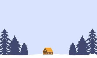 ilustração de paisagem de inverno com pinheiros, nuvens e casa. papel de parede de inverno com design de estilo simples. ilustração de inverno com estilo cartoon. Olá inverno. vetor