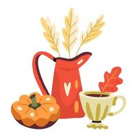 ilustração de outono com vaso, ervas secas, abóbora e xícara de bebida quente. vetor