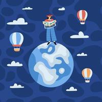ilustração vetorial de personagem itinerante com mapa em pé no globo, céu, nuvens e balões ao redor vetor