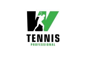 letra w com design de logotipo de silhueta de jogador de tênis. elementos de modelo de design vetorial para equipe esportiva ou identidade corporativa. vetor