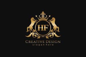 crista dourada retro hf inicial com círculo e dois cavalos, modelo de crachá com pergaminhos e coroa real - perfeito para projetos de marca luxuosos vetor