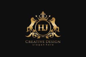 crista dourada retrô inicial hj com círculo e dois cavalos, modelo de crachá com pergaminhos e coroa real - perfeito para projetos de marca luxuosos vetor