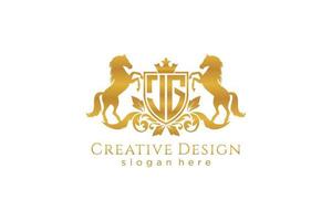 crista dourada retro jg inicial com escudo e dois cavalos, modelo de crachá com pergaminhos e coroa real - perfeito para projetos de marca luxuosos vetor