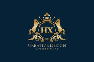 crista dourada retrô inicial hx com círculo e dois cavalos, modelo de crachá com pergaminhos e coroa real - perfeito para projetos de marca luxuosos vetor