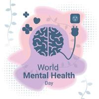 comemorando o dia mundial da saúde mental, com o conceito de um cérebro cansado carregando energia com efeitos positivos e amorosos vetor