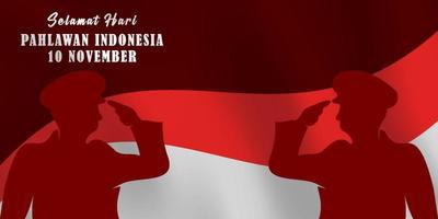 fundo de dia do herói nacional indonésio feliz, com silhuetas de dois soldados vetor