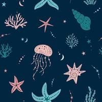 sem costura padrão com conchas, algas marinhas, corais, águas-vivas e estrelas do mar. fundo azul escuro marinho. para impressão, tecido, têxtil, fabricação, papéis de parede. sob o mar vetor