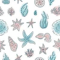 sem costura padrão com conchas, algas marinhas, peixes, corais e estrelas do mar. vida marinha em fundo branco. para impressão, tecido, têxtil, fabricação, papéis de parede. sob o mar vetor
