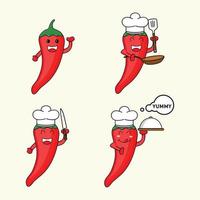 personagem de mascote de pimenta como chef. ilustração vetorial de vegetais vetor