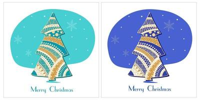 cartão de natal com árvore decorativa em estilo de arte zen em fundo turquesa e azul vetor