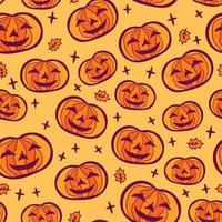 sem costura padrão de abóbora de halloween laranja bonito dos desenhos animados sobre fundo amarelo. fundo de halloween de elementos mágicos. vetor
