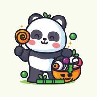 panda fofo segurando doces e comemorando o halloween vetor