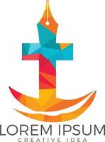 design de logotipo de vetor de igreja cristã. ícone de bico de caneta e crucificação. símbolo educacional religioso. aprendizagem da bíblia e aulas de ensino.