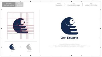 coruja educar - logotipo. um logotipo que está engajado na educação. este logotipo é inspirado no símbolo da coruja, a letra inicial e e as palavras coruja educar. vetor