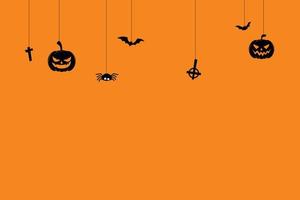 ilustração em vetor fundo feliz dia das bruxas. enfeites de enforcamento de halloween em fundo laranja. abóbora, morcegos, aranha e cruz.