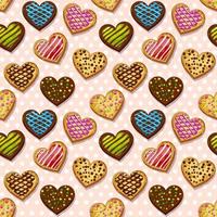 padrão sem costura texturizado biscoitos doces em forma de coração com esmalte. ilustração vetorial bonito fundo rosa com doces coloridos para o projeto. vetor