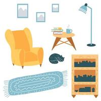 coleção de casa aconchegante, móveis de interiores, estilo hygge escandinavo. poltrona, mesa de café, estante, luminária de chão, tapete, gato em estilo simples de desenho animado. vetor
