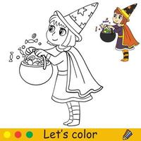 crianças colorindo com modelo menina de halloween em uma fantasia de bruxa vetor