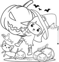 livro de colorir de halloween menina bonitinha bruxa vetor