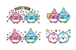 conjunto de lindo casal kawaii pinguim azul e rosa para adesivo de mídia social tempo de festa emoji e emoticon feliz vetor
