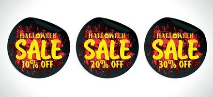 conjunto de adesivos pretos de venda de halloween. estilo de conceito de design grunge. venda 10, 20, 30 por cento de desconto vetor