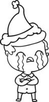 desenho de linha de um homem chorando usando chapéu de papai noel vetor