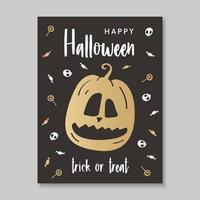 cartaz de halloween em estilo desenhado à mão com uma abóbora sinistra nas cores preto e dourado vetor