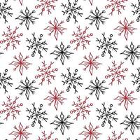 padrão sem emenda com flocos de neve vermelhos e pretos desenhados à mão sobre fundo branco. imagem vetorial. vetor